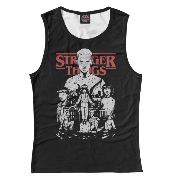 Женская майка с притом Stranger Things (черный фон) цвета Белый Женская майка с изображением Stranger Things (черный фон) цвета Белый