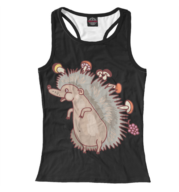 Женская майка-борцовка с изображением Весёлый ёжик с грибами цвета Белый