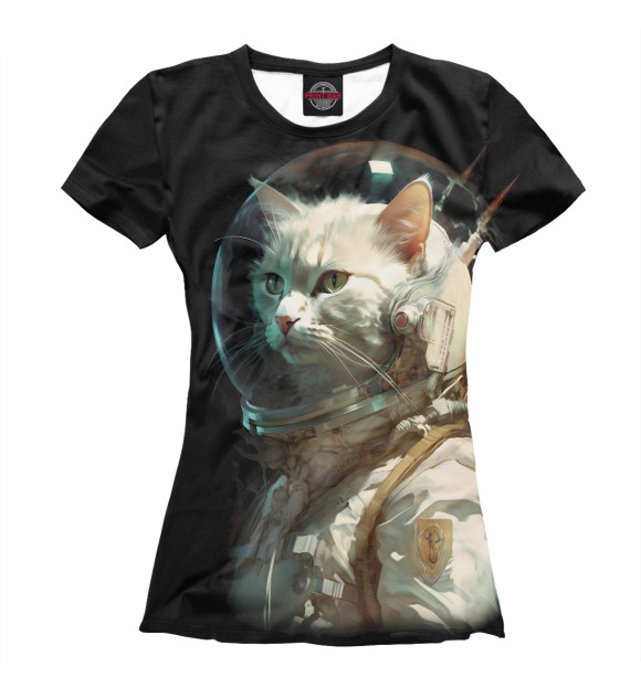 Женская футболка с изображением Белый пушистый кот космонавт цвета Белый