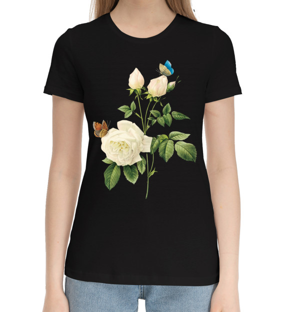 Женская хлопковая футболка с изображением Цветы цвета Черный