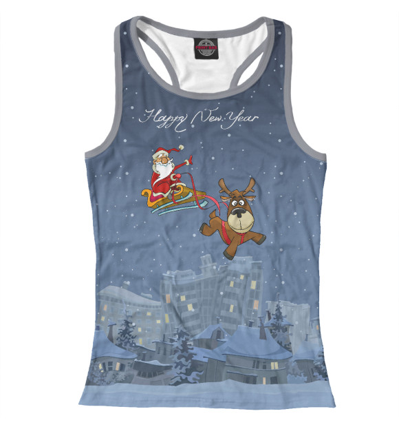 Женская майка-борцовка с изображением Дед Мороз летит в санях цвета Белый