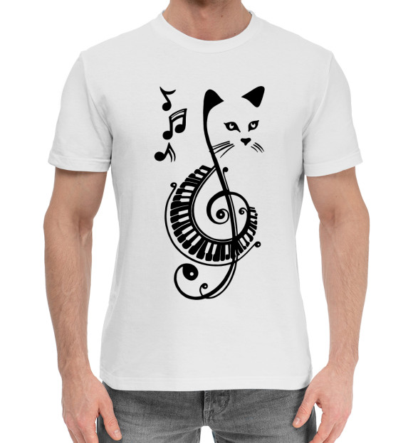 Мужская хлопковая футболка с изображением Музыкальный Котик цвета Белый