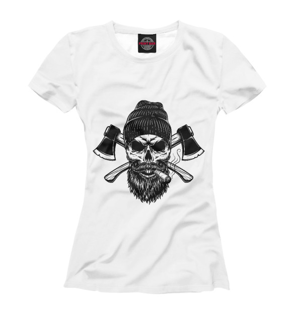 Женская футболка с изображением Череп брутального дровосека цвета Белый