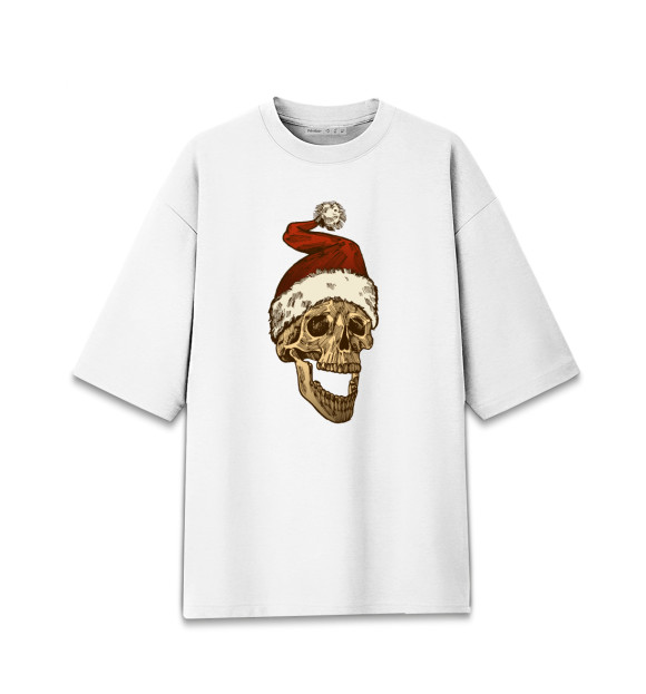 Мужская футболка оверсайз с изображением Череп Санты цвета Белый