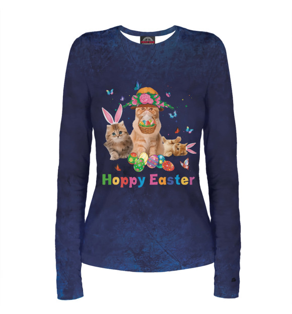 Женский лонгслив с изображением Cute Cat Easter Day Bunny цвета Белый