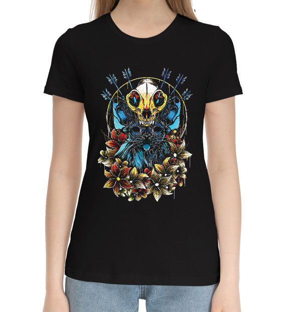 Женская хлопковая футболка с изображением Культовый кот цвета Черный