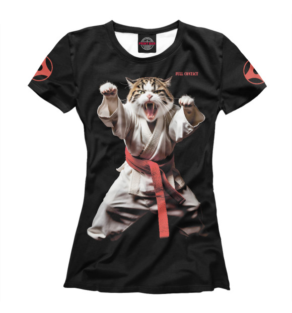 Женская футболка с изображением Кот каратист: красный пояс цвета Белый