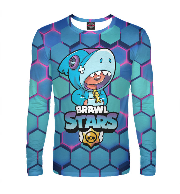Мужской лонгслив с притом Brawl Stars Leon Shark цвета Белый Мужской лонгслив с изображением Brawl Stars Leon Shark цвета Белый