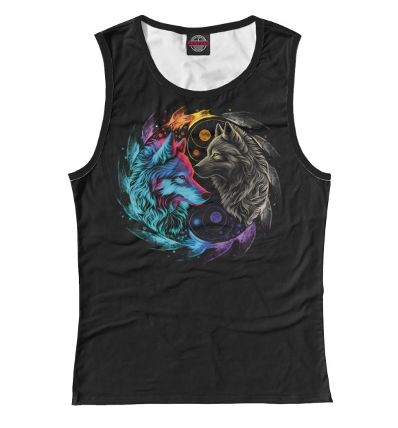 Женская майка с притом Инь-янь неоновые волки цвета Белый Женская майка с изображением Инь-янь неоновые волки цвета Белый