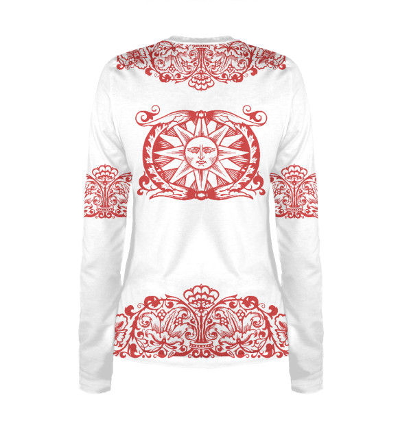 Женский лонгслив с изображением Славянское Солнце цвета Белый