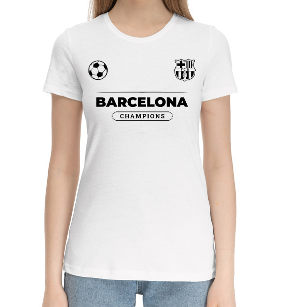 Женская хлопковая футболка с изображением Barcelona Униформа Чемпионов цвета Белый