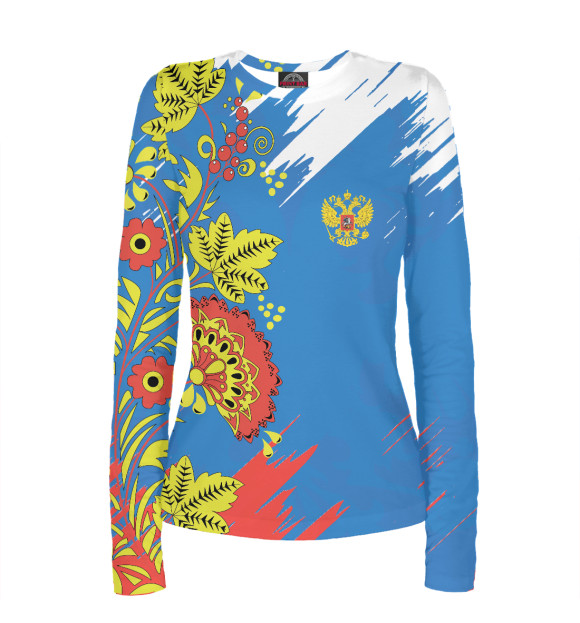 Женский лонгслив с притом Флаг и герб России цвета Белый Женский лонгслив с изображением Флаг и герб России цвета Белый