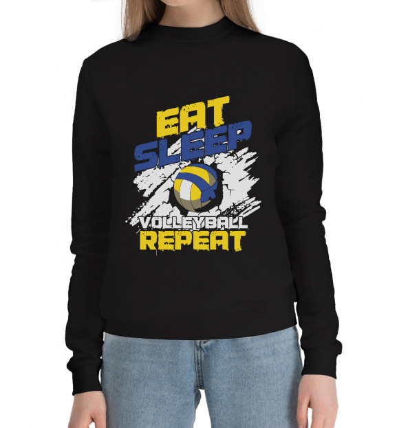 Женский хлопковый свитшот с изображением Еда, сон, волейбол цвета Черный