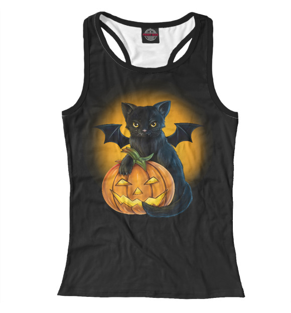 Женская майка-борцовка с изображением Черный котик цвета Белый