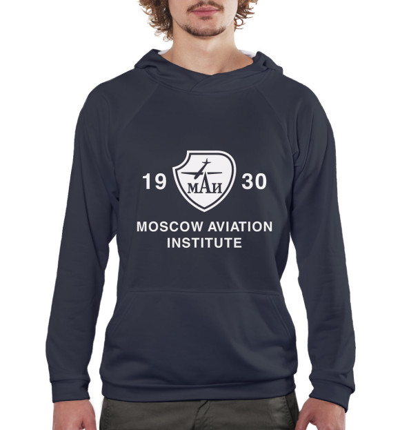 Мужское худи с изображением Moscow Aviation Institute цвета Белый