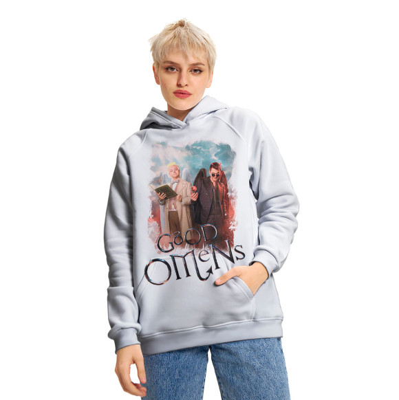 Женское худи с изображением Азирафаэль и Кроули белый фон цвета Белый