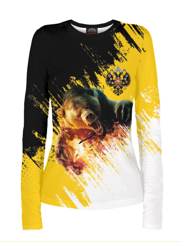 Женский лонгслив с изображением Имперский флаг и медведь цвета Белый