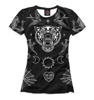 Женская футболка Тату с тигром, птицами и другими символами