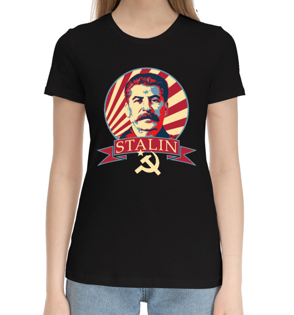Женская хлопковая футболка с изображением Сталин цвета Черный