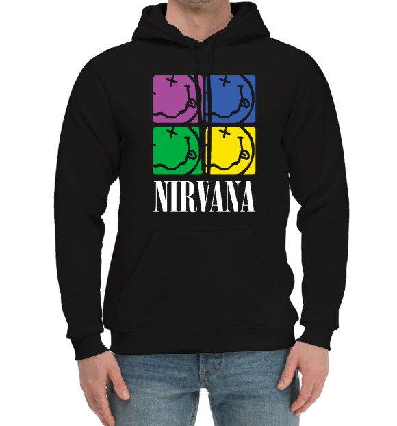 Мужской хлопковый худи с притом Нирвана (Nirvana) цвета Черный Мужской хлопковый худи с изображением Нирвана (Nirvana) цвета Черный