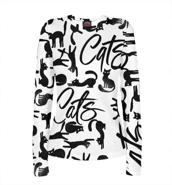 Женский лонгслив с притом Котики цвета Белый Женский лонгслив с изображением Котики цвета Белый