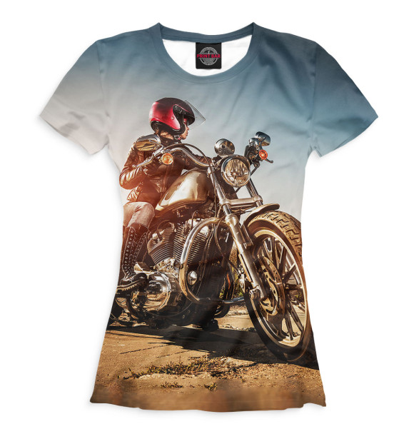Женская футболка с изображением Девушка на мотоцикле цвета Белый