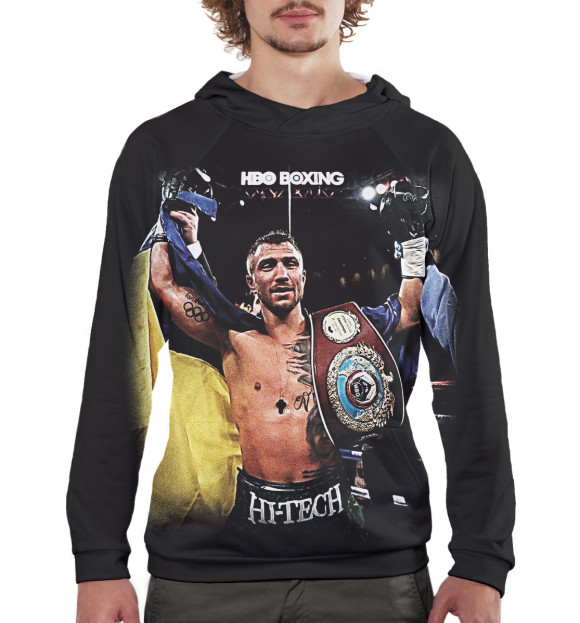 Мужское худи с изображением Василий Ломаченко цвета Белый