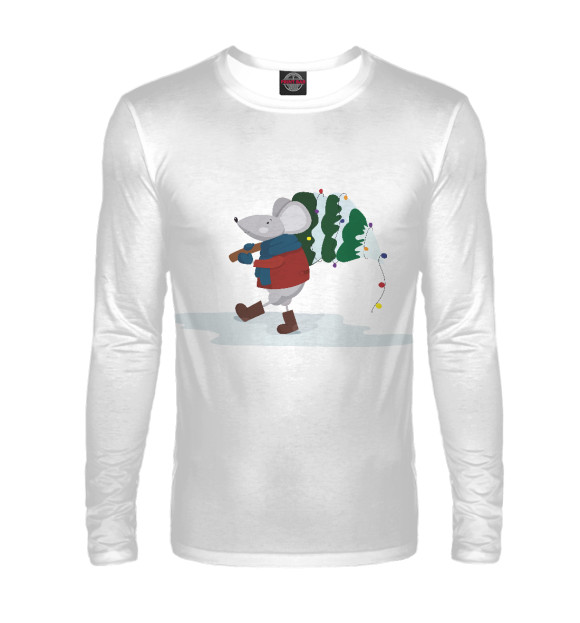 Мужской лонгслив с изображением Мышонок с елкой цвета Белый