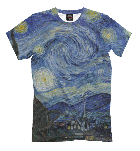 Мужская футболка с изображением Звездная ночь - Ван Гог Винсент цвета Серый