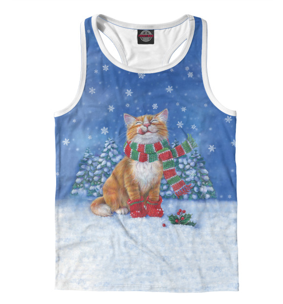 Мужская майка-борцовка с изображением Christmas Cat цвета Белый