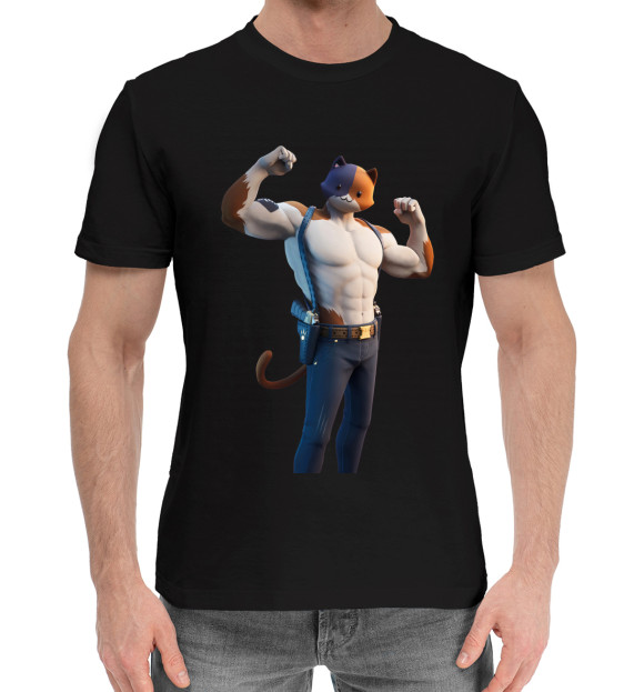 Мужская хлопковая футболка с изображением Meowcles Fortnite 2 цвета Черный