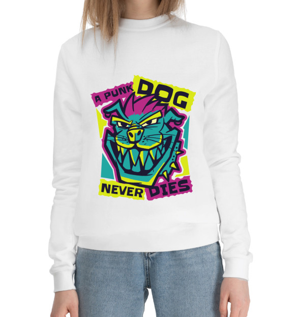 Женский хлопковый свитшот с изображением Punk Dog цвета Белый