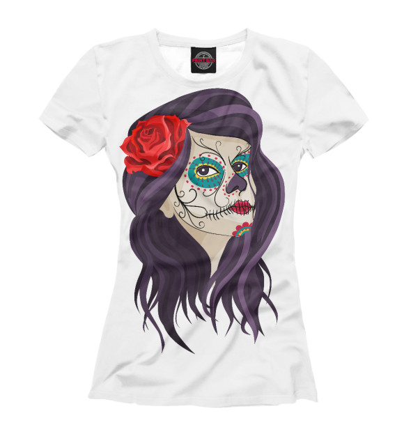 Женская футболка с изображением Мексиканский череп девушки цвета Белый