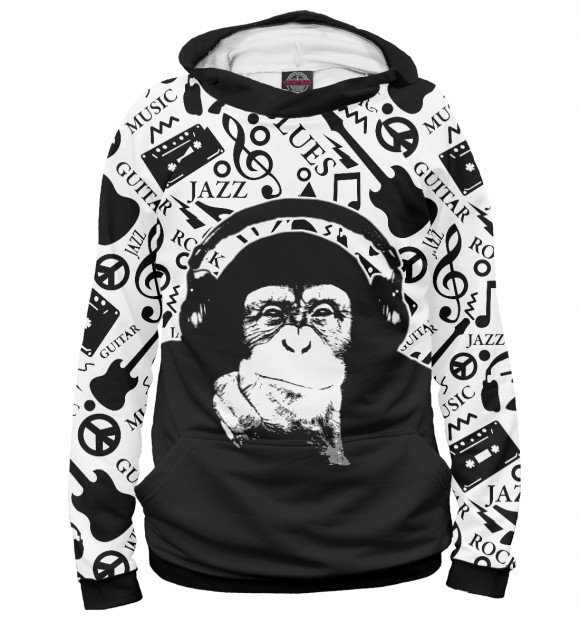 Мужское худи с изображением Шимпанзе в наушниках цвета Белый