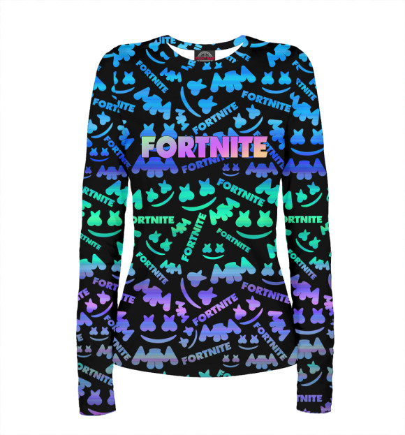 Женский лонгслив с притом Fortnite - Marshmello цвета Белый Женский лонгслив с изображением Fortnite - Marshmello цвета Белый