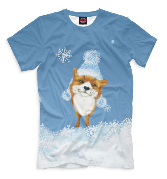 Мужская футболка с изображением Зимний лисёнок цвета Грязно-голубой