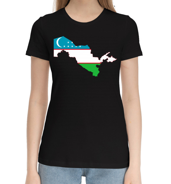 Женская хлопковая футболка с изображением Узбекистан цвета Черный