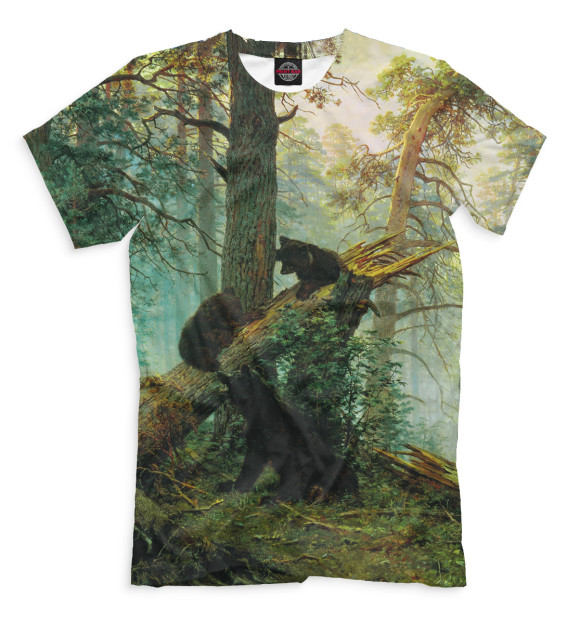 Мужская футболка с изображением Утро в сосновом лесу цвета Молочно-белый