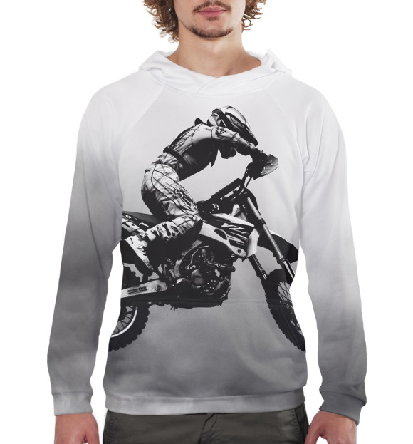 Мужское худи с изображением Мотоциклист цвета Белый