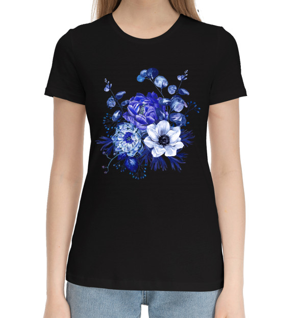 Женская хлопковая футболка с изображением Blue Flowers цвета Черный