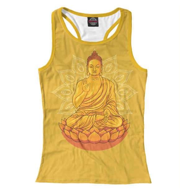 Женская майка-борцовка с изображением Золотой Будда с мандалой и лотосом цвета Белый