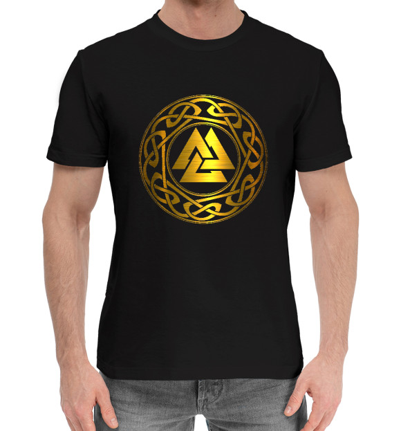 Мужская хлопковая футболка с изображением Валькнут символ бога Одина цвета Черный