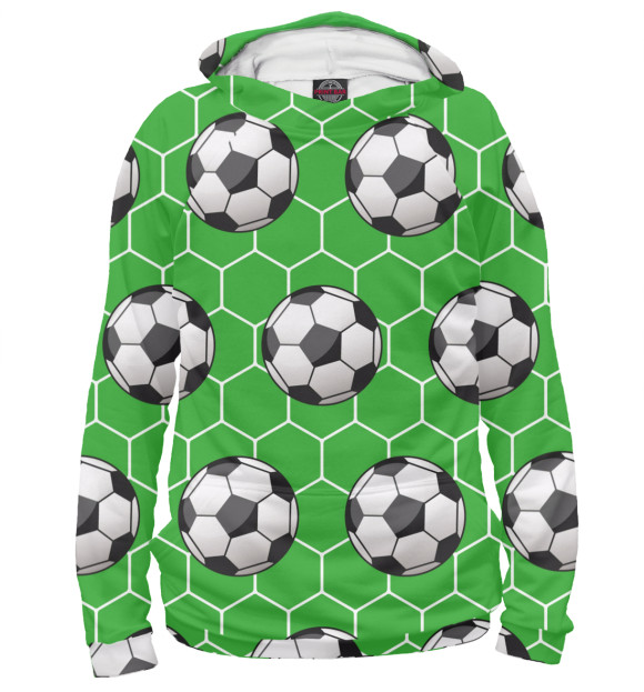 Худи для мальчика с изображением Футбольные мячи на зеленом фоне цвета Белый