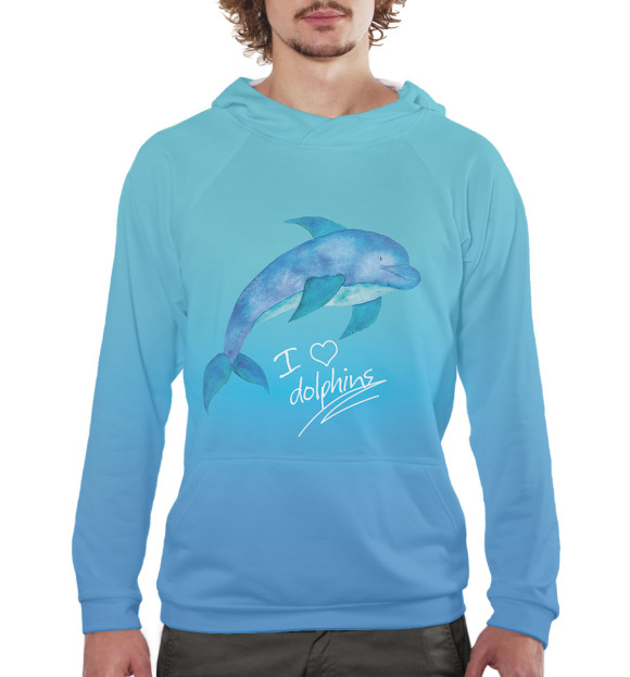 Мужское худи с изображением Love dolphins цвета Белый