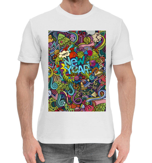 Мужская хлопковая футболка с изображением New Year цвета Белый