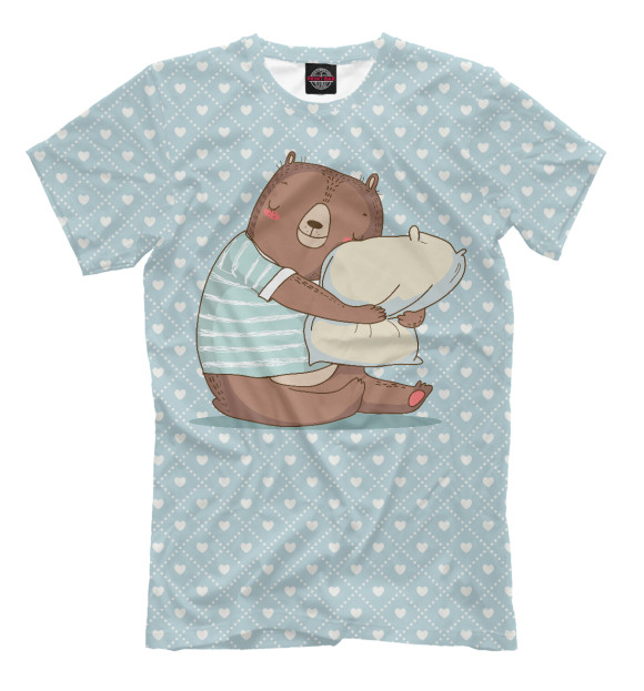 Мужская футболка с изображением Сонный мишка с подушкой цвета Белый
