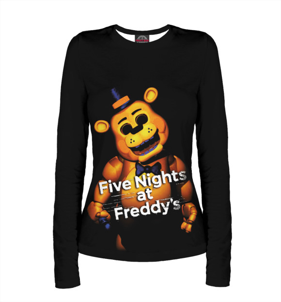 Женский лонгслив с притом Five Nights at Freddy's цвета Белый Женский лонгслив с изображением Five Nights at Freddy's цвета Белый
