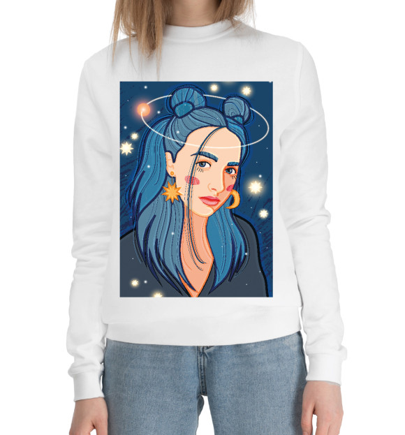 Женский хлопковый свитшот с изображением Космическая девушка цвета Белый