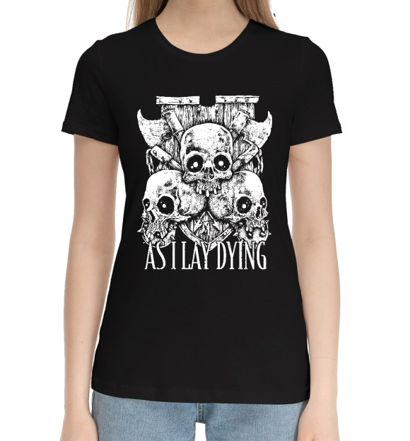 Женская хлопковая футболка с притом As I Lay Dying (черепа) цвета Черный Женская хлопковая футболка с изображением As I Lay Dying (черепа) цвета Черный