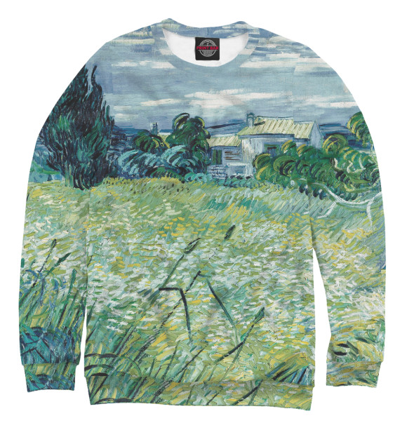Женский свитшот с изображением Ван Гог. Зеленое пшеничное поле с кипарисом цвета Белый